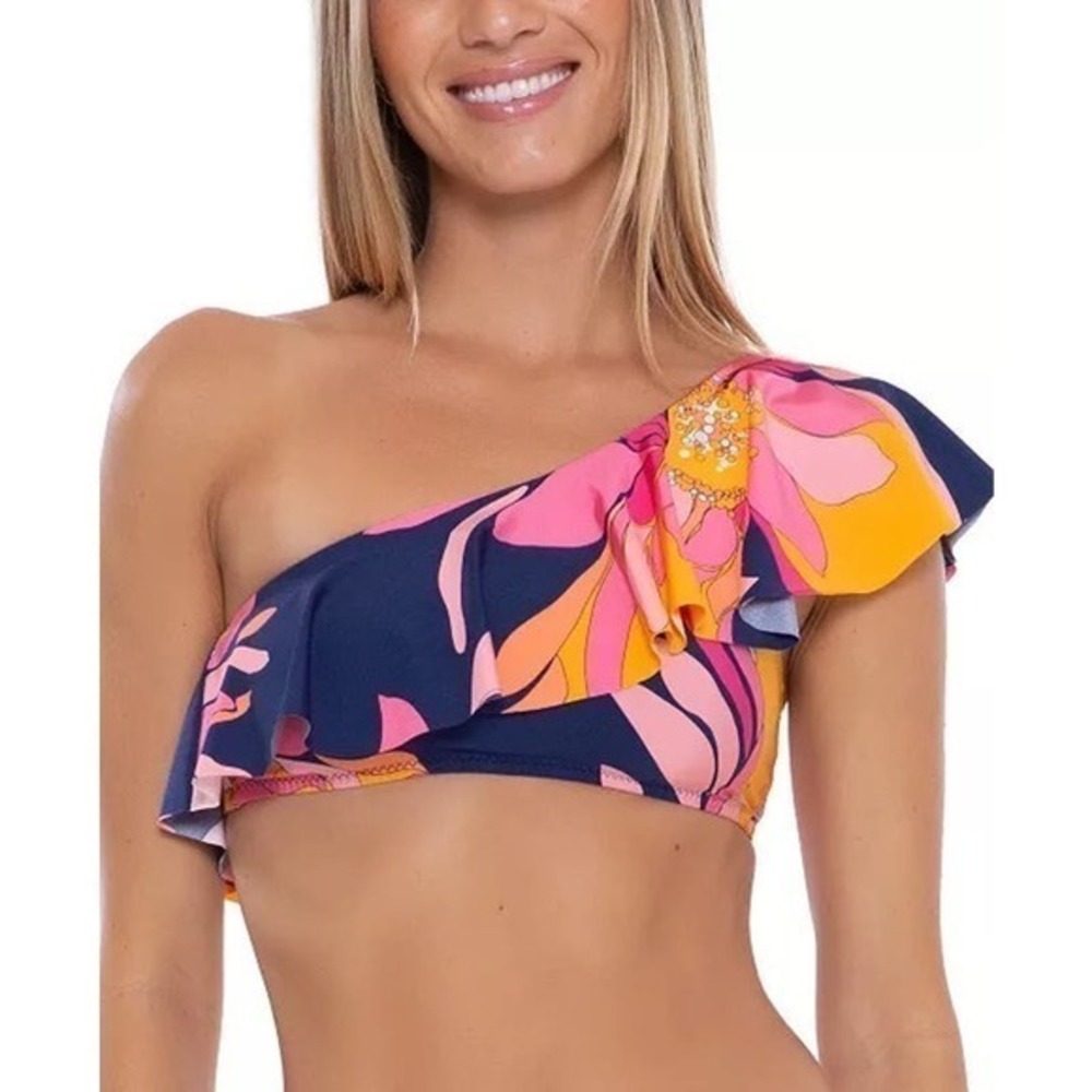 Trina Turk Women's Breeze Printed One-Shoulder Ruffled‎ Bikini Top Size 10